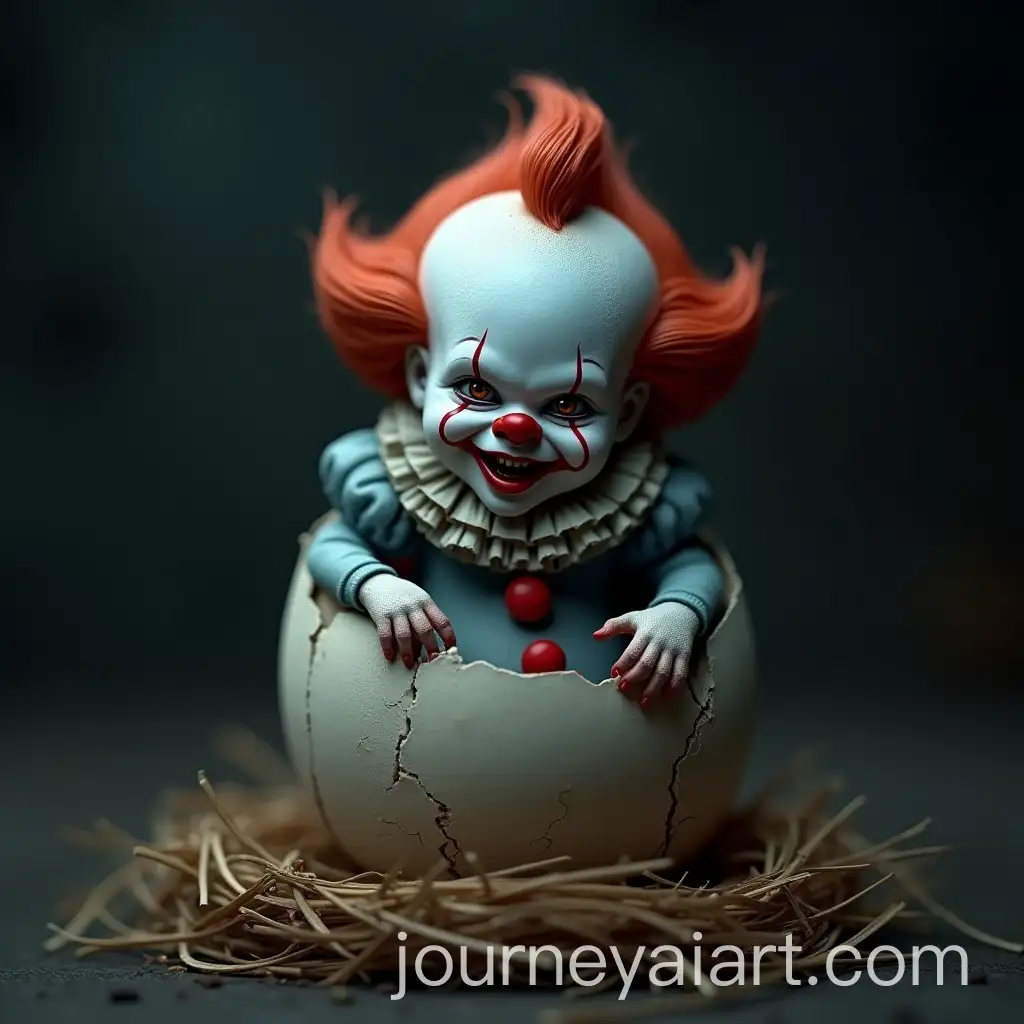 Pennywise-Baby-Clown-Emerging-from-Cracked-Eggshell-in-Whimsical-yet-Menacing-Scene