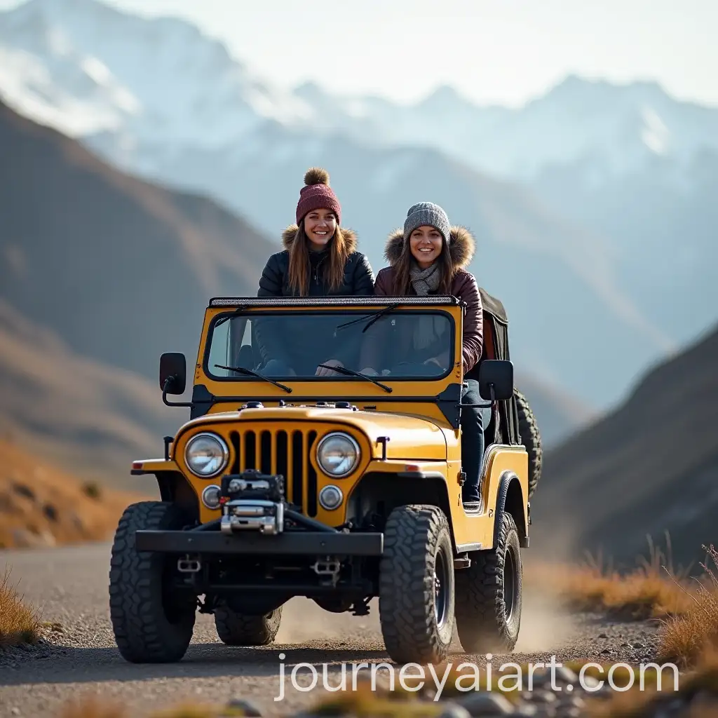 Women-Driving-Jeep-on-Mountainous-Road-in-Warm-Clothing