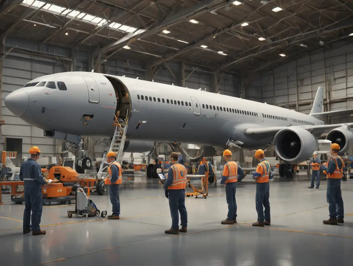 3D-Realistic-Aircraft-in-Hangar-with-Personnel-and-Analytics-Devices