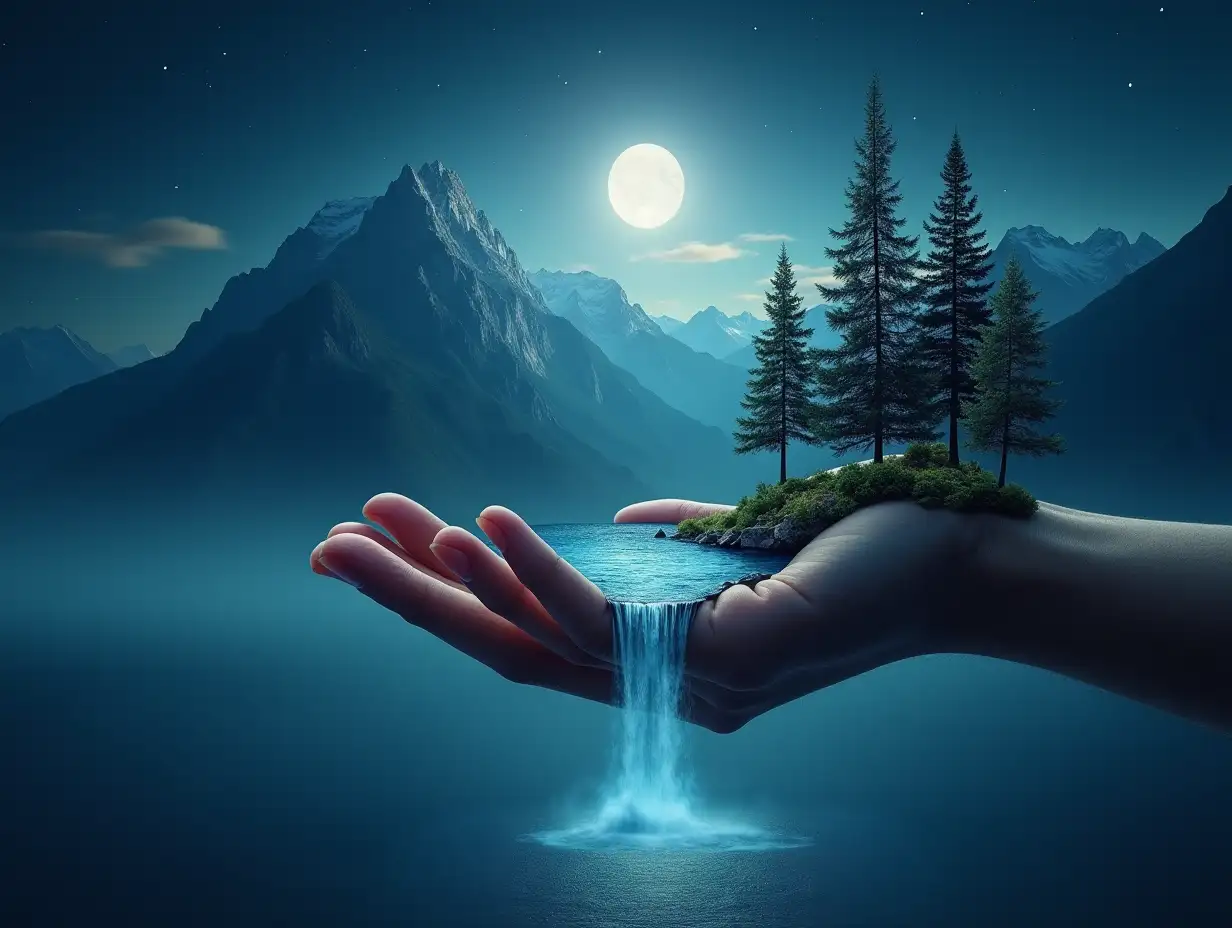 A hand extended with mountains, trees, a lake on the hand and a waterfall falling from the hand to the sea with a nocturnal atmosphere with moon and stars