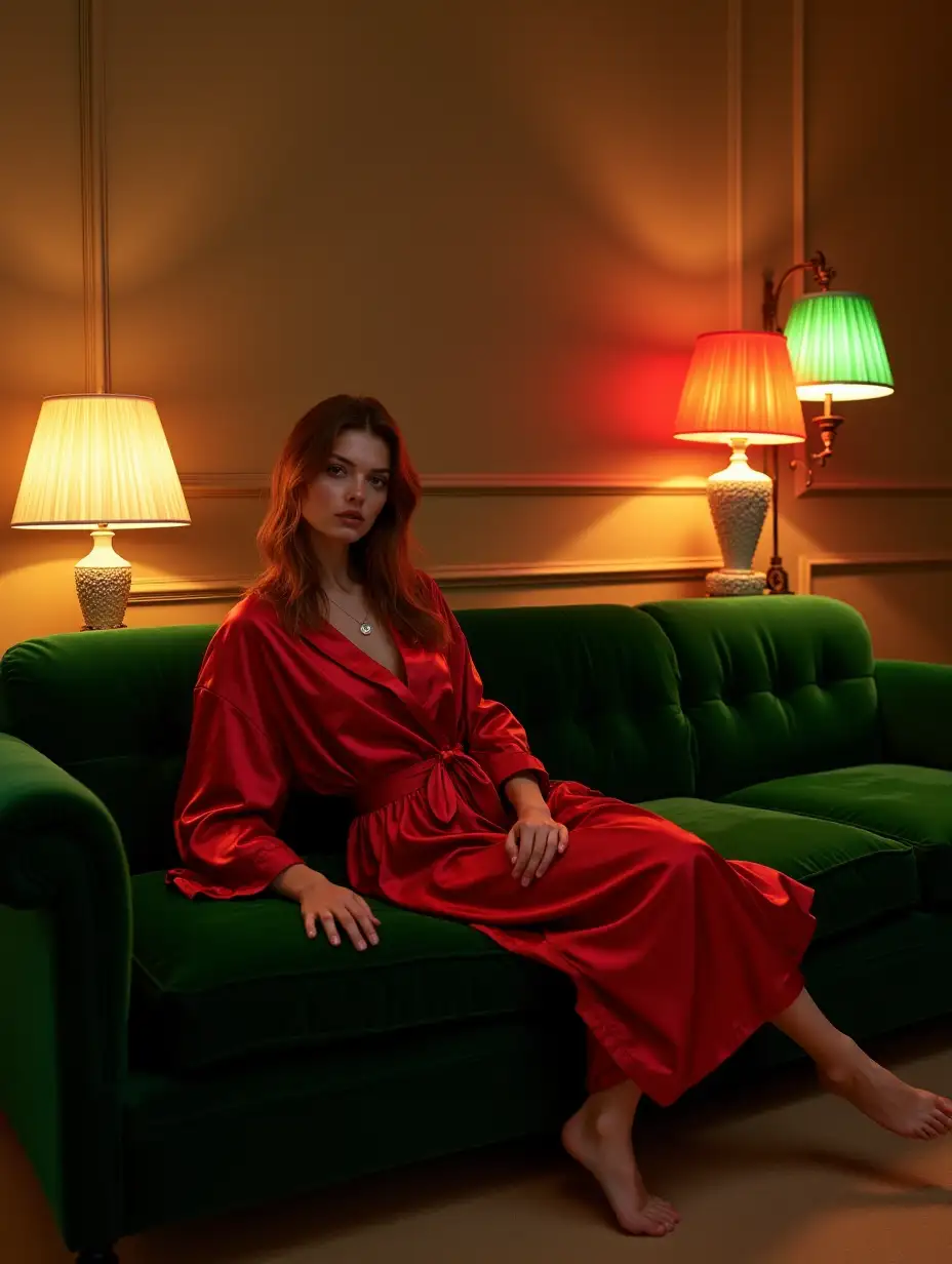 HighFashion-Portrait-of-Young-European-Woman-in-Red-Silk-Robe-on-Vintage-Velvet-Sofa-with-Ephemeral-Lamps