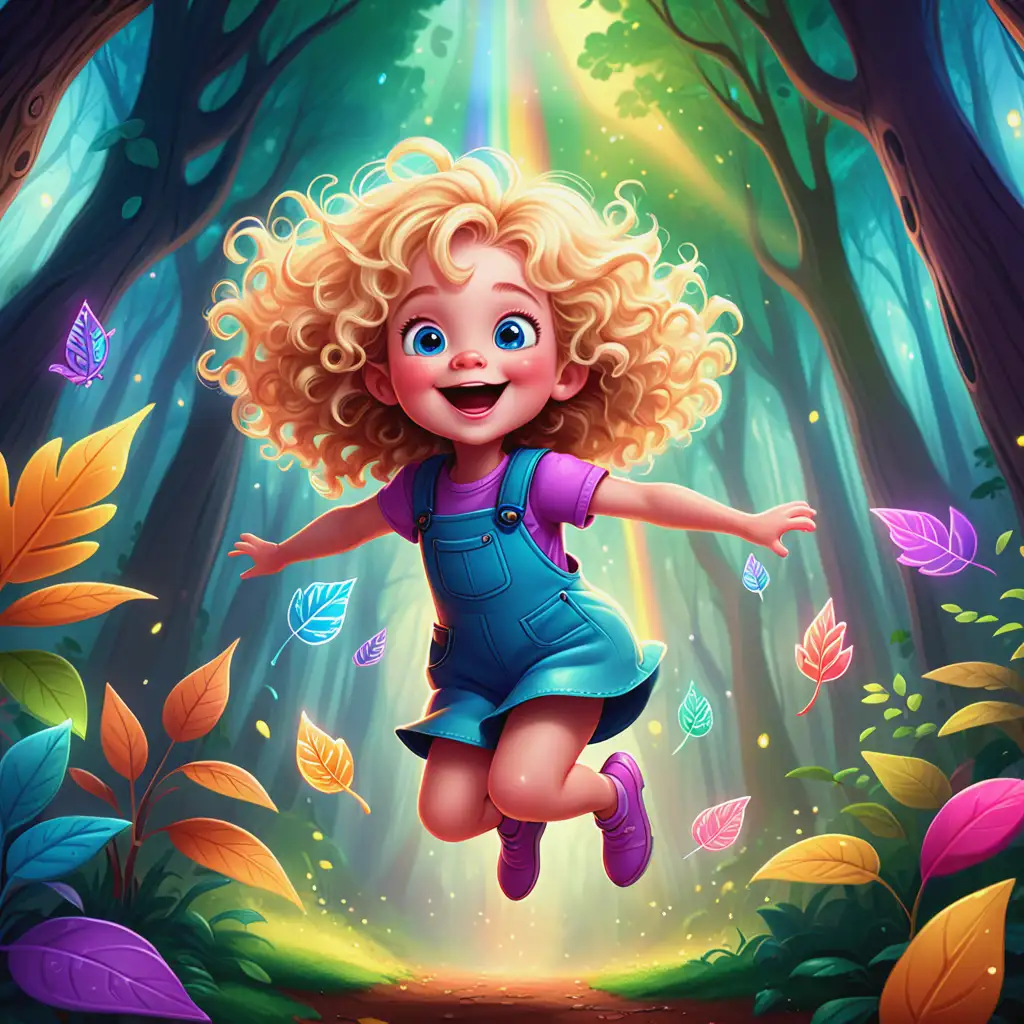 Joyful Little Girl Jumping in an Enchanted Forest