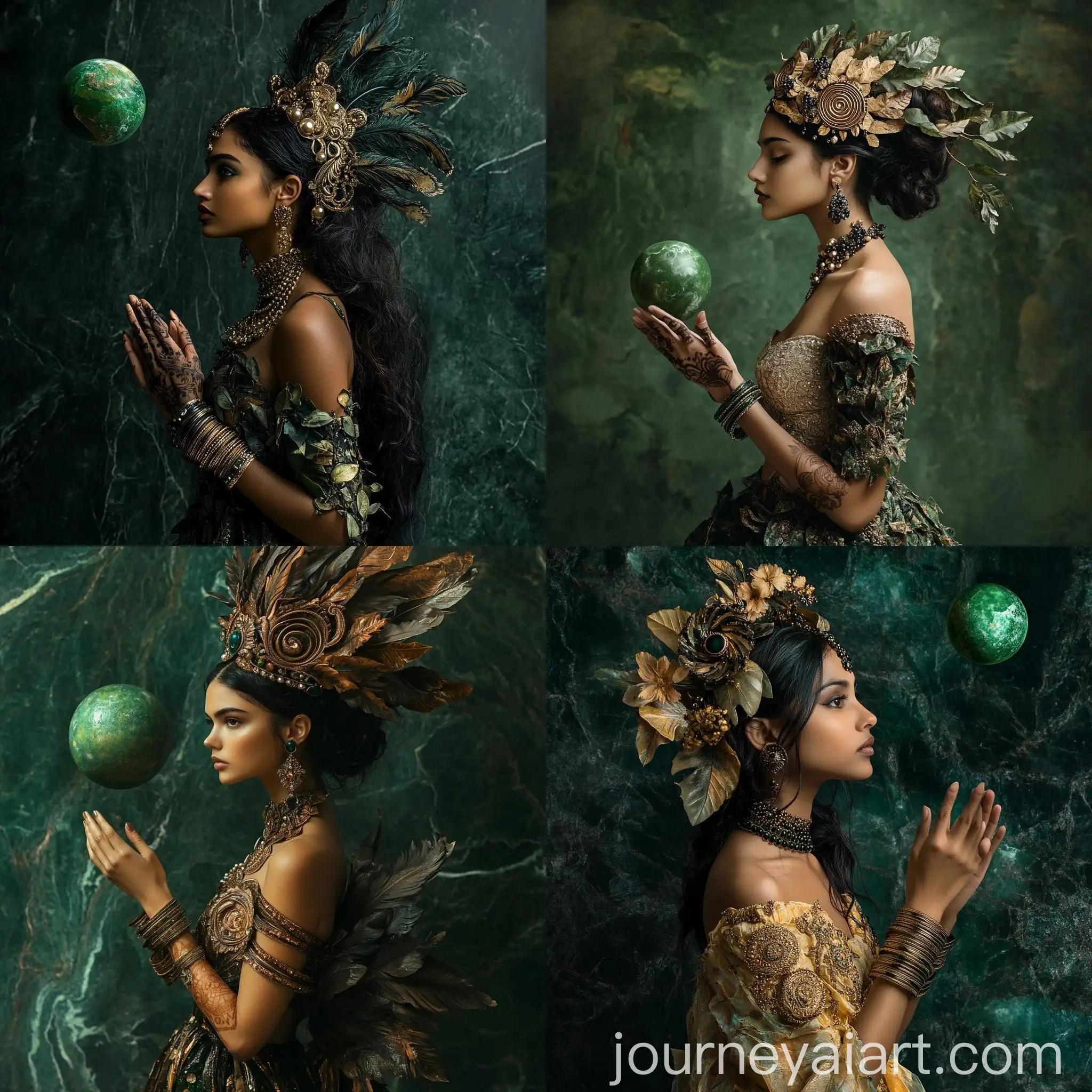 Dark-Haired-Indian-Woman-in-Jungle-Leaf-Dress-with-Golden-Ornaments-and-Crown