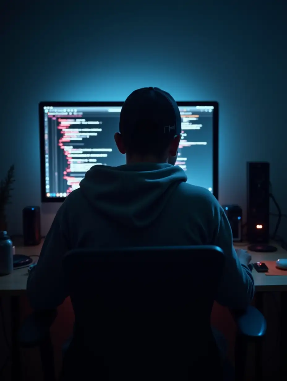 A coder or hacker working on a computer in a dark room, seen from the back. The person is wearing a hoodie with the hood up and a cap underneath. The room is dimly lit, with a glowing monitor casting light, reflecting off the person's face. The atmosphere is mysterious and tech-focused, with coding lines visible on the screen. The desk is cluttered with tech gadgets, enhancing the hacker vibe, all seen from behind with gaming visible chair 