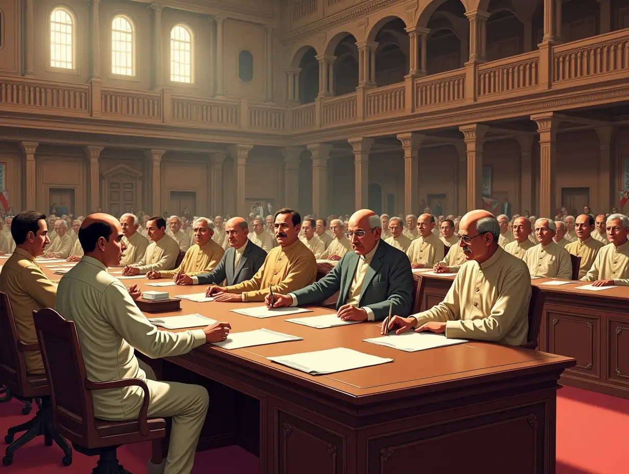 A detailed illustration of the historic Constituent Assembly of India, set in the grand Central Hall of the Parliament House in 1946. The scene features prominent leaders like Dr. B.R. Ambedkar, Jawaharlal Nehru, and Sardar Vallabhbhai Patel seated among others, deeply engaged in drafting the Indian Constitution. The room is richly adorned with traditional Indian architectural details, wooden furniture, and soft natural light streaming in from large arched windows. Attendees are shown dressed in traditional Indian attire like dhotis, kurtas, and Nehru jackets, creating an atmosphere of solemnity and purpose. The overall mood is one of national pride and unity.