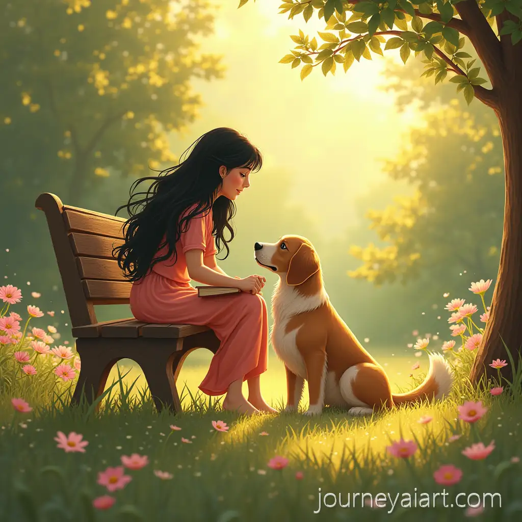 Romantic-Morning-Garden-Scene-with-Woman-Dog-and-Young-Man