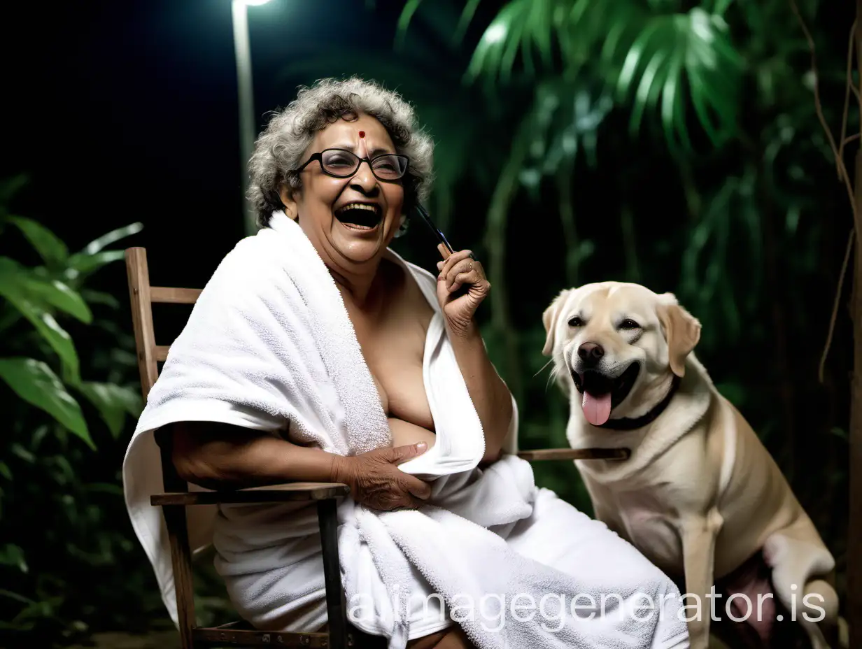 Laughing-Indian-Woman-in-Village-Jungle-at-Night-with-Dog