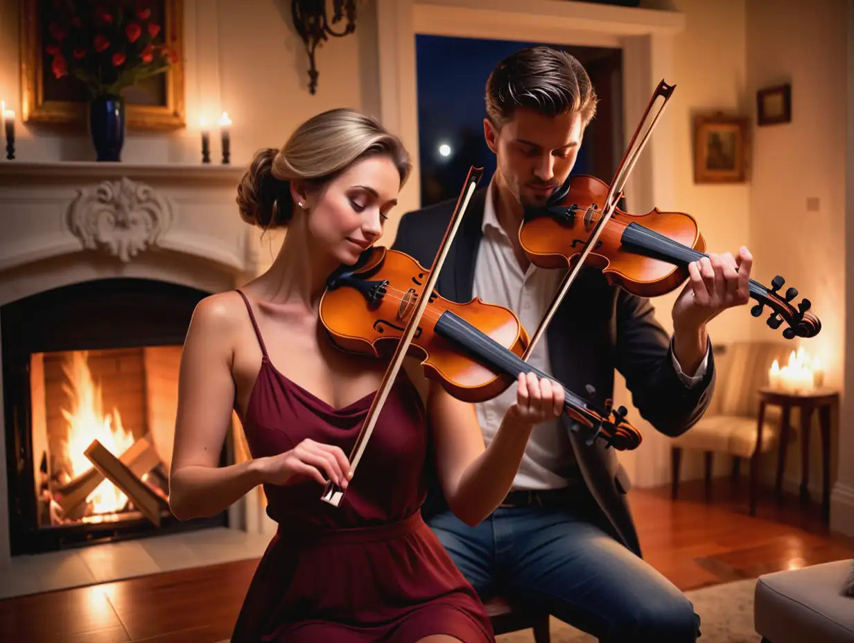 A handsome man playing the violin to a beautiful woman in a beautiful home by the fire at night with handles in a romantic setting