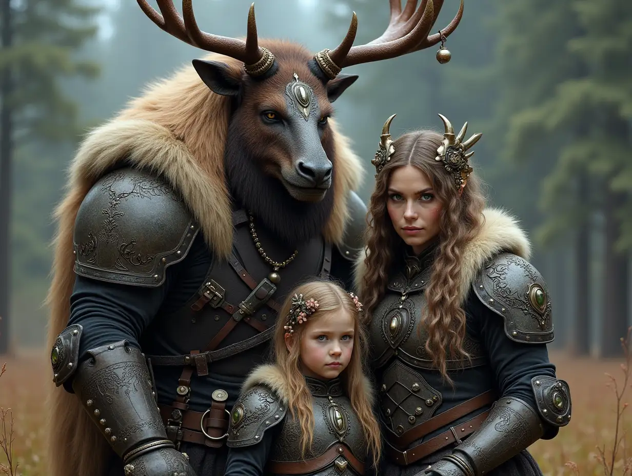 Ki-Fantasy family,Man,Woman, and Children, giant elk face and with glass and metal armor equipment