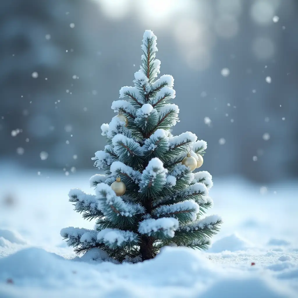 winter, small fluffy Christmas tree, covered in snow, one Christmas ornament on the tree