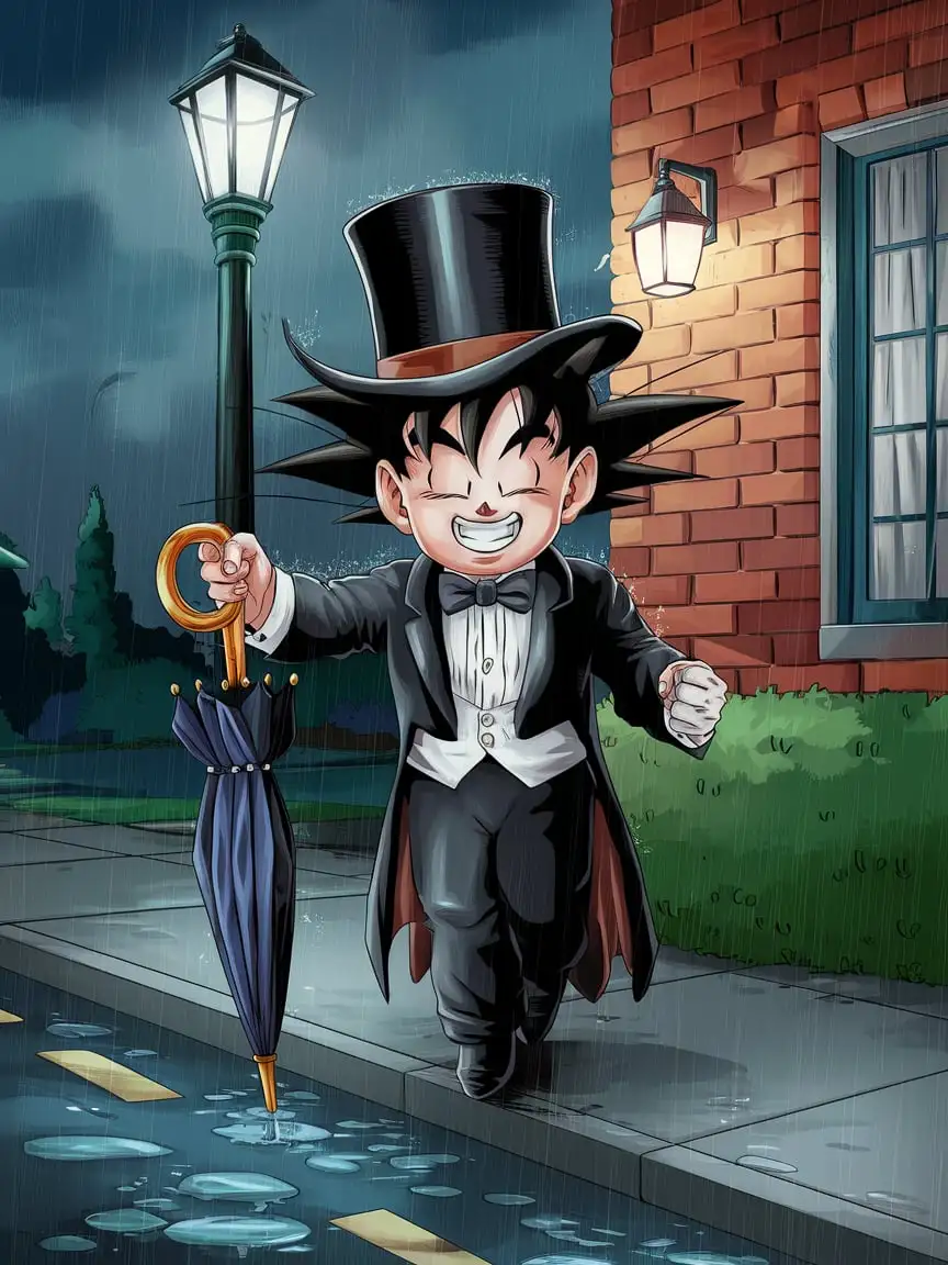 Goku was in singin' in the rain film, wearing black top hat, eyes closed, holding closed umbrella on the left hand, lamppost, holding lamppost pole on the right hand, rain, night, brick wall, lamp on brick wall, window, sidewalk, outdoors, road, street, parody, reference scene, full body, full-body shot. Illustration, highly-detailed, best quality