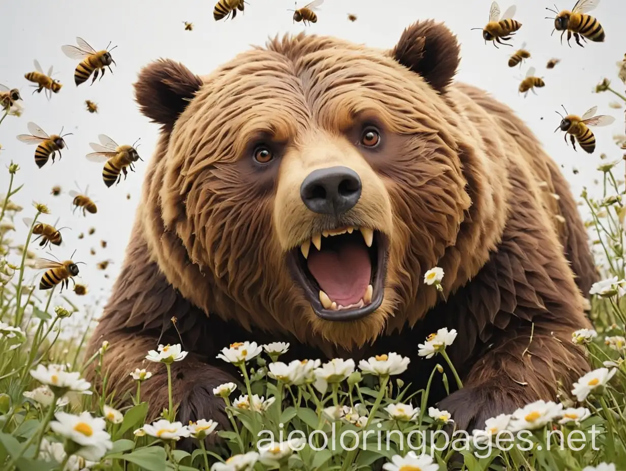 Grizzly-Bear-with-Beehive-Surrounded-by-Swarming-Bees-Coloring-Page