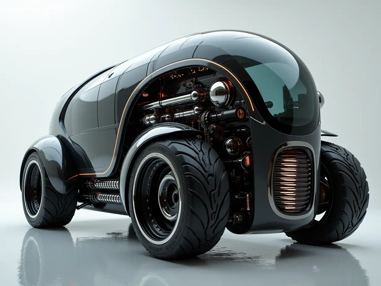 A supermodern utopian sportsomnibus with gears, aluminum wheels, wide tires, black and white ,and silver colors,utopian, silver-black striped, crome-wheels, Cyberpunk