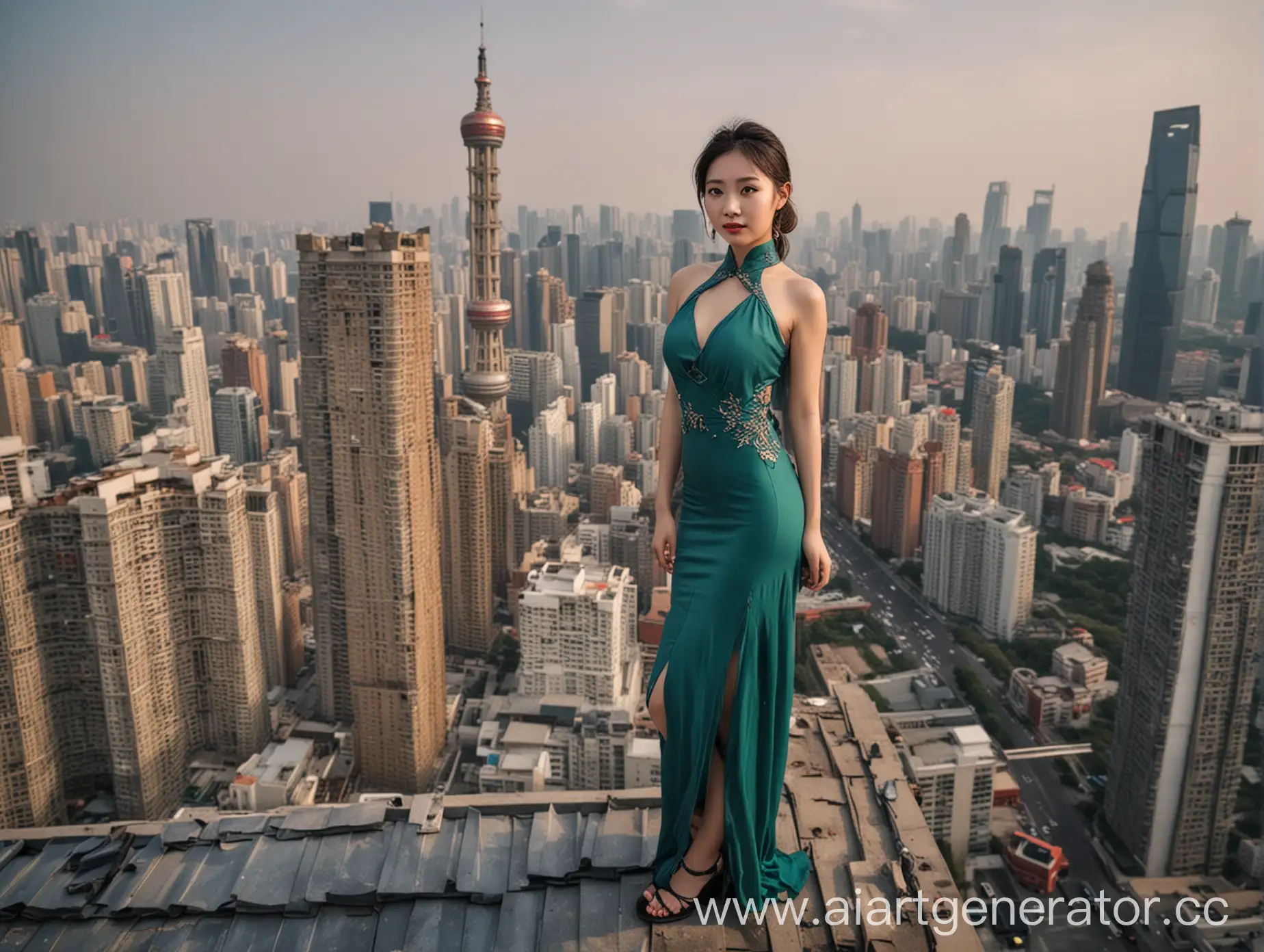 Beautiful Chinese woman stands on the roof of a tall building and poses for a professional photograph