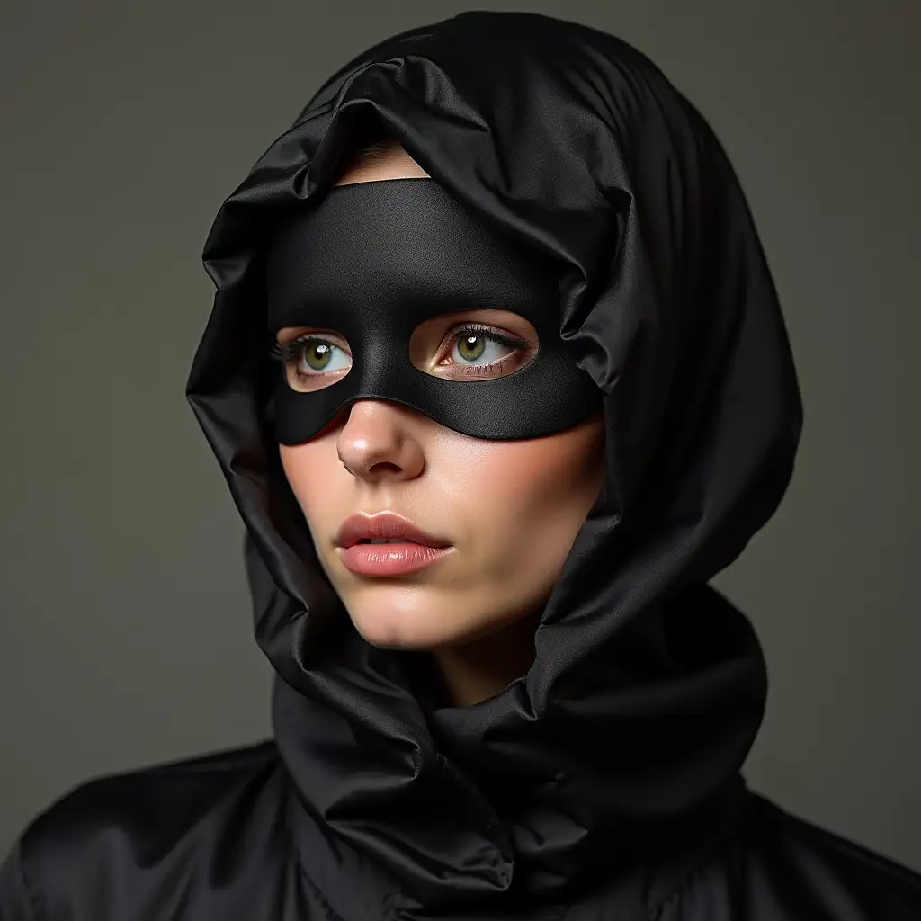 A young russian woman satin puffy balaclava masked