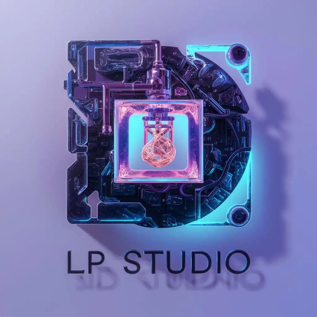 a logo design,with the text "LP Studio", main symbol:Liquid 3D printing with Resin, ultraviolet lighting, detalized. cyberpunk,complex,be used in Technology industry,clear background