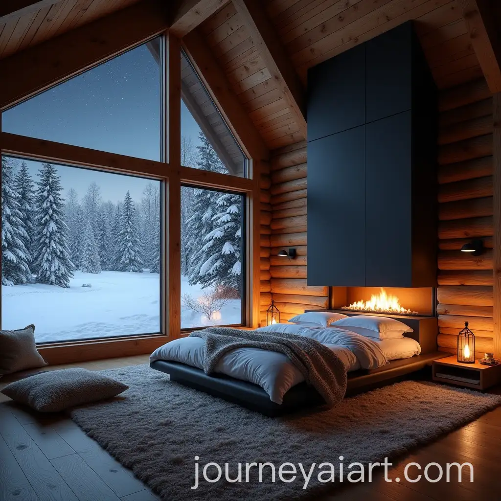 Cozy-Log-Cabin-Bedroom-with-Snowy-Landscape-View