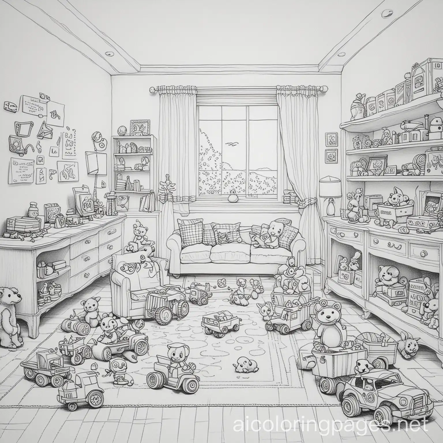 lots of toys in a room, Coloring Page, black and white, line art, white background, Simplicity, Ample White Space. The background of the coloring page is plain white to make it easy for young children to color within the lines. The outlines of all the subjects are easy to distinguish, making it simple for kids to color without too much difficulty