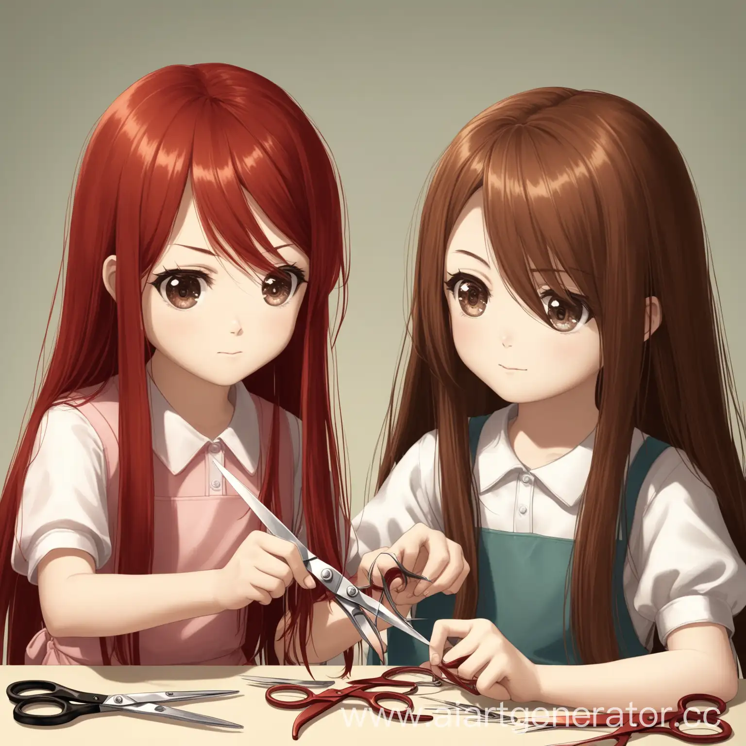 Two-Girls-with-Long-Brown-and-Red-Hair-Making-Scissors