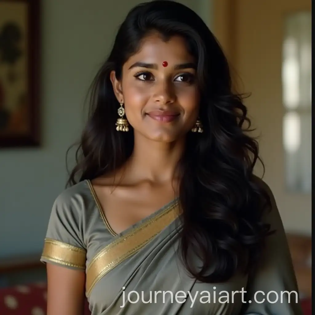 Portrait-of-Young-Indian-Woman-in-Traditional-Saree-with-Gold-Border