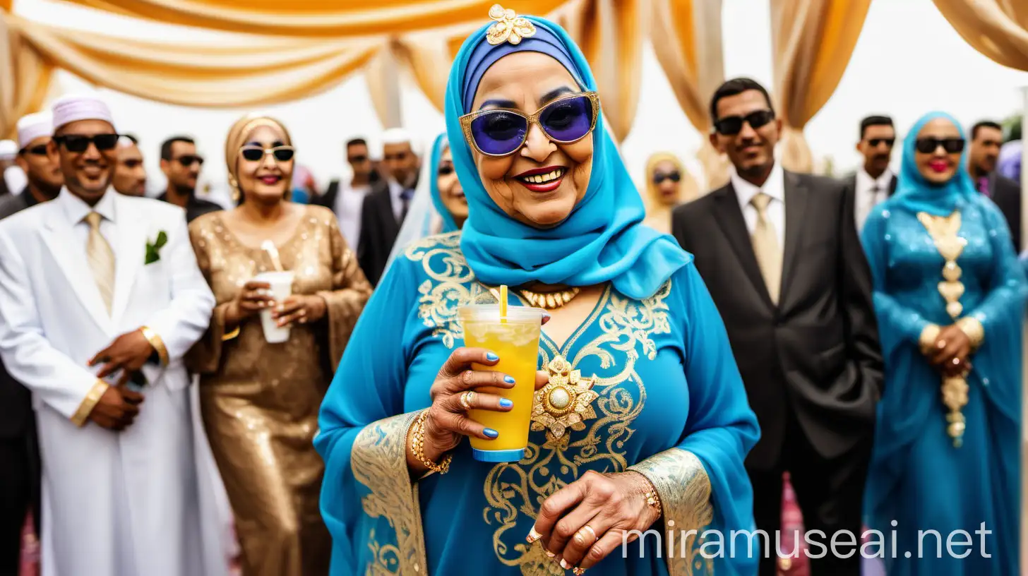 Elderly Muslim Woman in Blue Hijab at Wedding Ceremony with Cold Drink