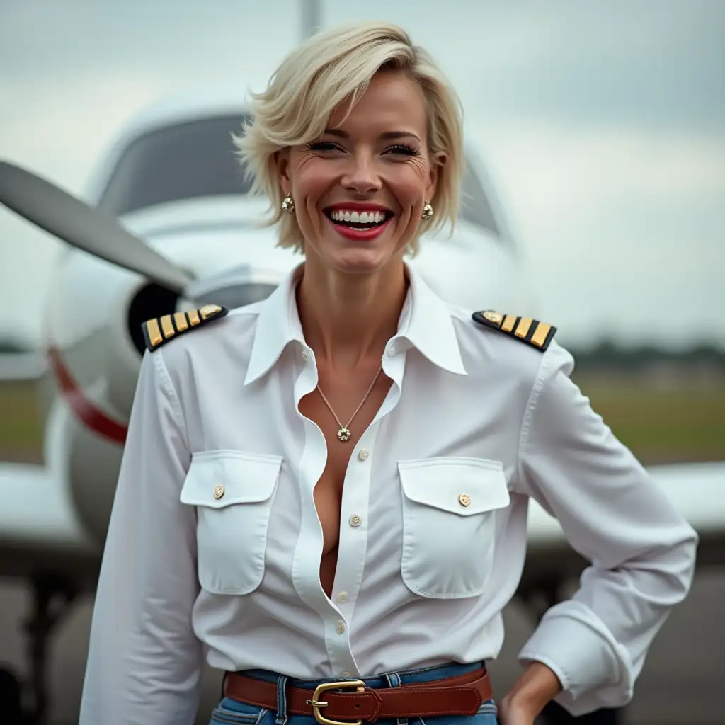 white lady 35 years old, in white deep-necked pilot shirt, laughing with her mouth open, red lipstick accentuating her smile,belt on waist, big wide hips, chest are fully grown, jewerly, short hair, HD,  aerodrome, photo-realism