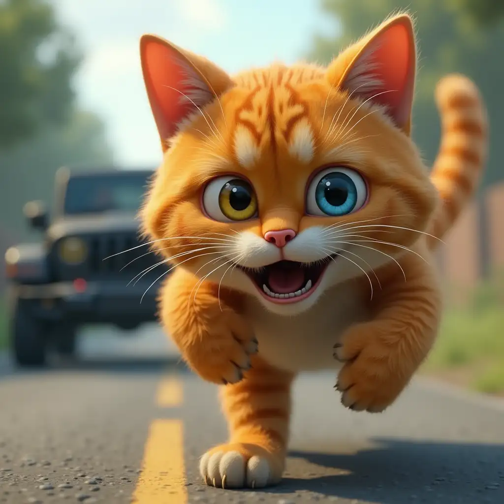 A big ginger cat, one blue eye, another yellow, scars on the face, piercing in the ear, runs fearfully along the road, a scary black jeep is chasing him, computer graphics style