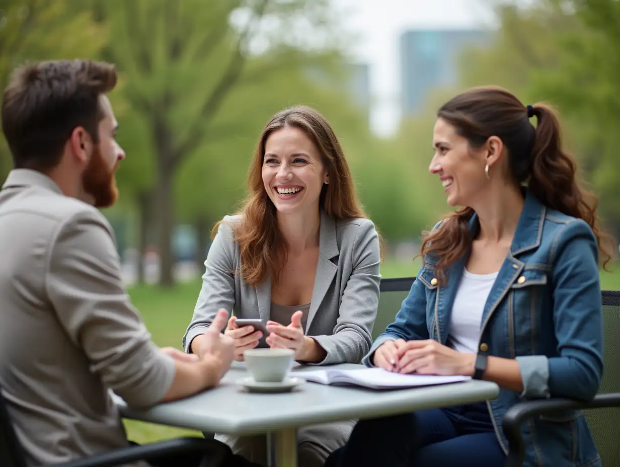 Three colleagues engaged in a lively conversation during a casual business meeting outdoors, discussing new project ideas and updates.