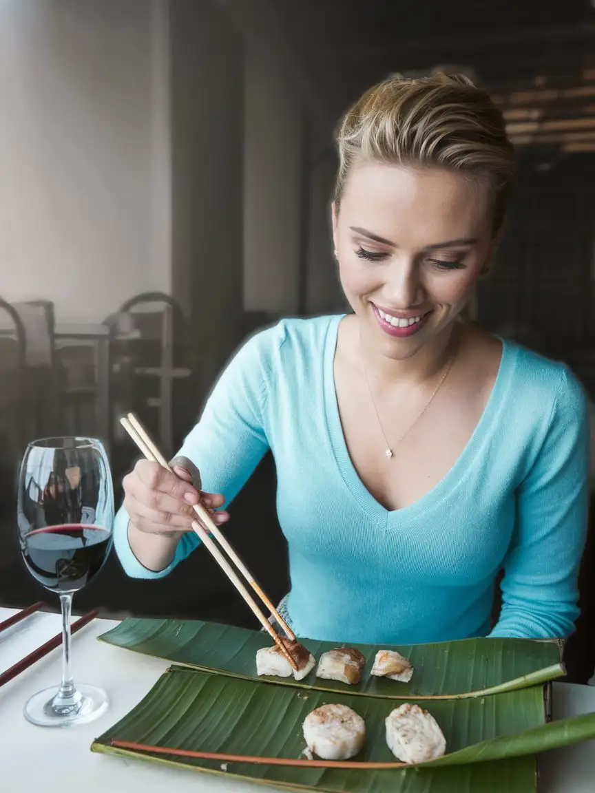 Celebrity-Dining-Scarlett-Johansson-Enjoying-Asian-Cuisine-with-Red-Wine