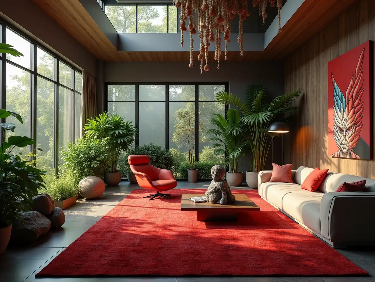 Large modern living room with red, carpet statue, lighting with furniture many hanging plants plants with Attack on Titan image on the wall Zen-Garden with carefully tended rocks, a meditative 180 degrees shot 8K resolution Colorful