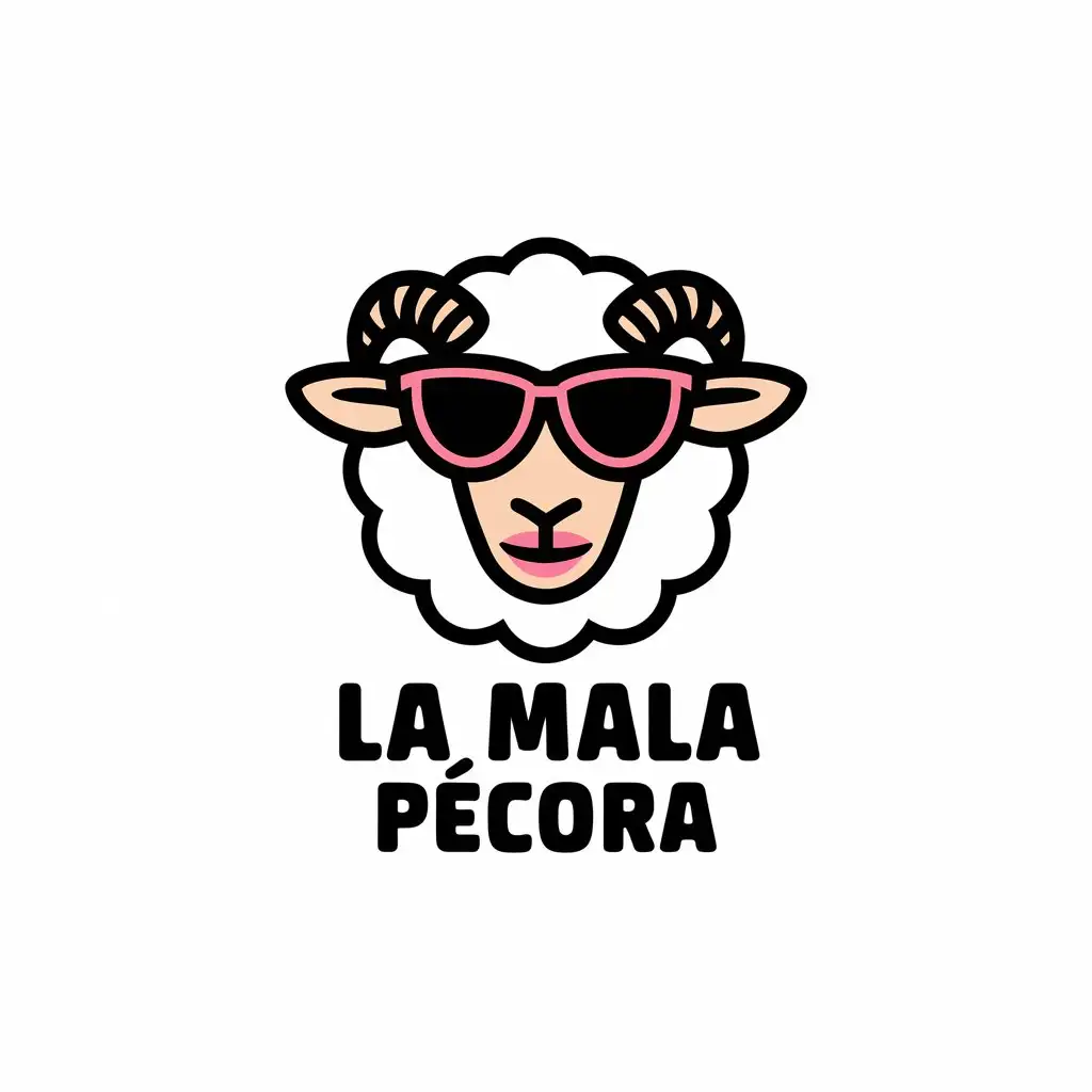 a vector logo design,with the text "la mala pécora", main symbol:create an image and logo for a brand that sells accessories and t-shirts, include the text 'ñala pécora'. Female sheep, perhaps with (pink) lips, sunglasses, horns, rebellious, mischievous, rascal . A minimalist logo, as simple as possible,Minimalistic,clear background