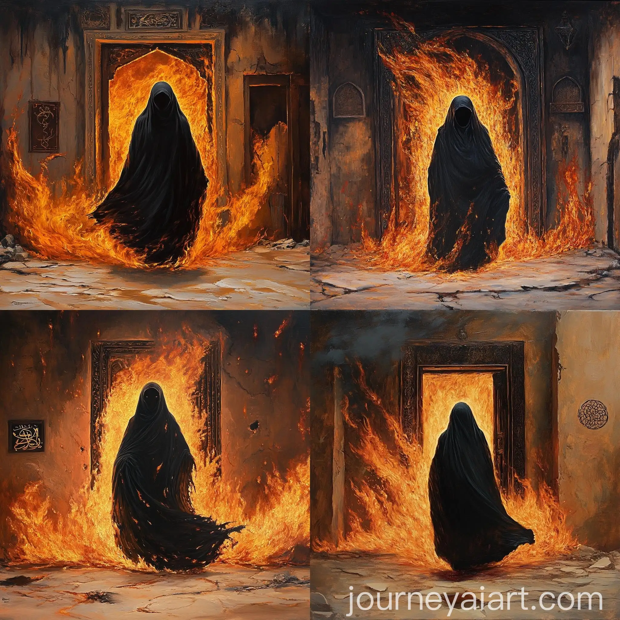 Woman-in-Black-Burka-Emerging-from-Fiery-Doorway