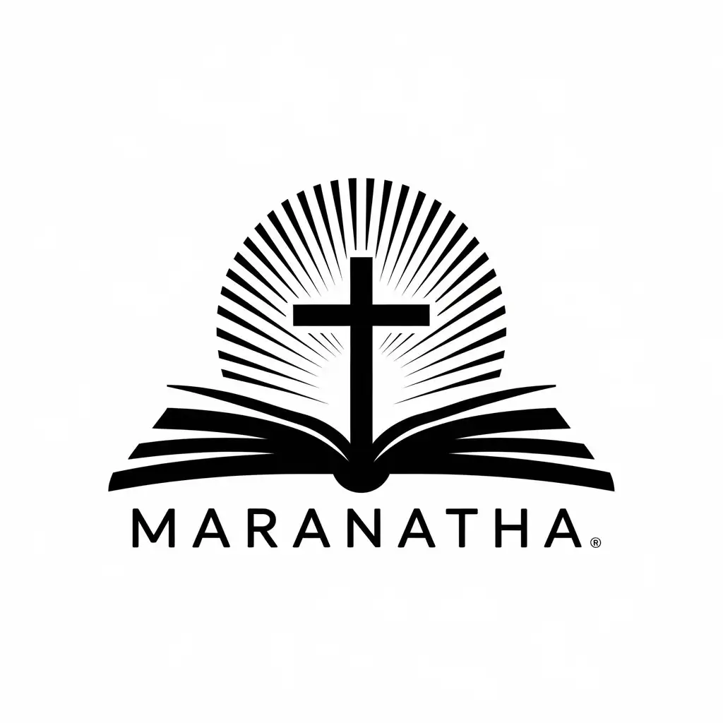 a vector logo design,with the text "Maranatha", main symbol:A cross from which rays are emanating coming out of an open book,Moderate,be used in Religious industry,clear background