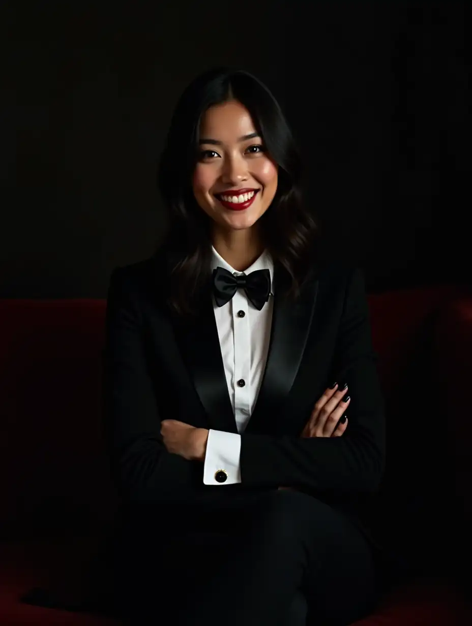 Stylish-Asian-Woman-in-Tuxedo-Sitting-on-Couch-in-Elegant-Setting