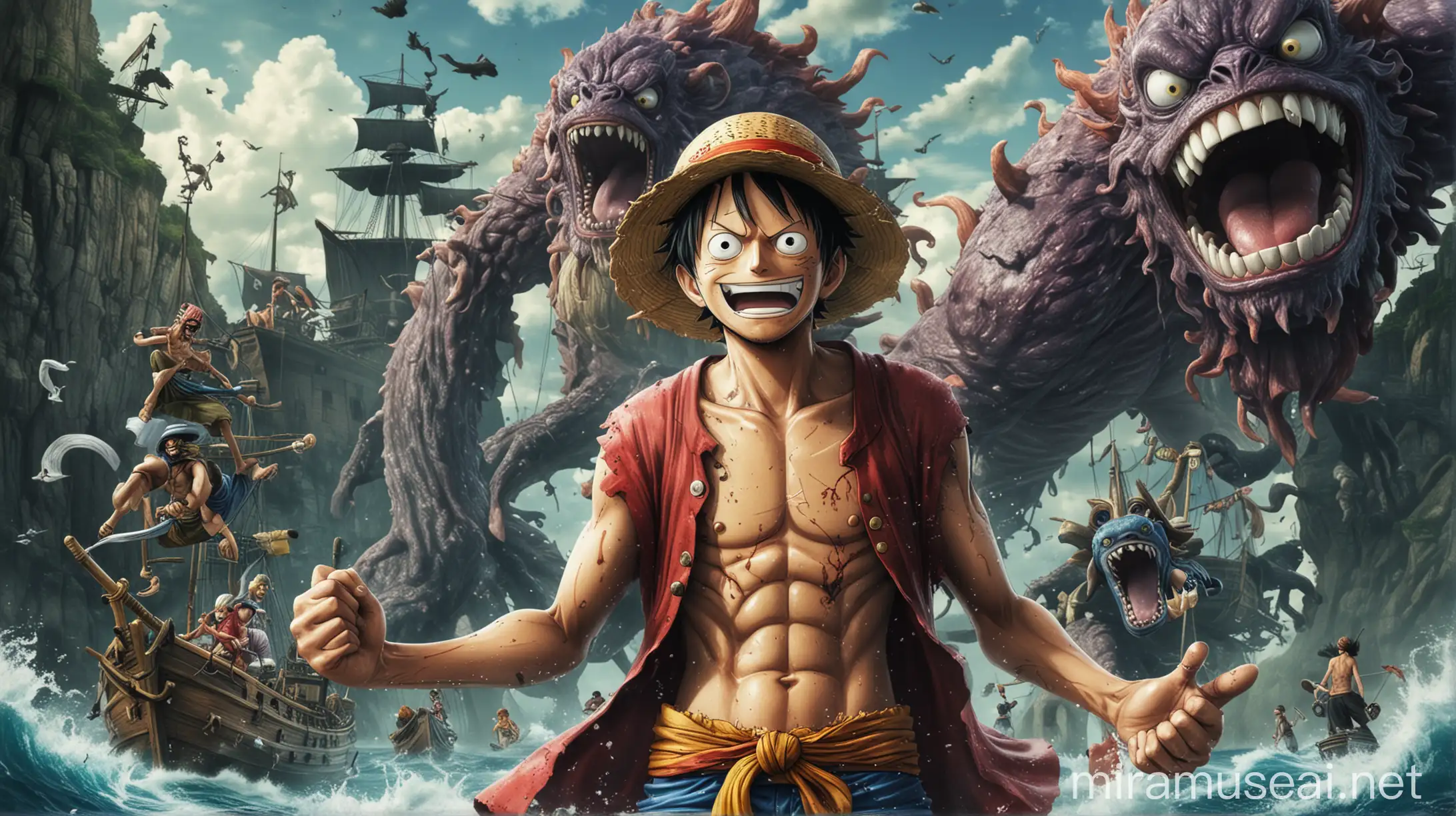 Monkey D Luffy Confronts Sea Monster in One Piece Movie Poster