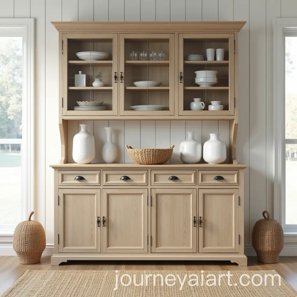 Rustic-Wooden-Console-with-Ceramic-Vases-and-Display-Case-in-Farmhouse-Setting
