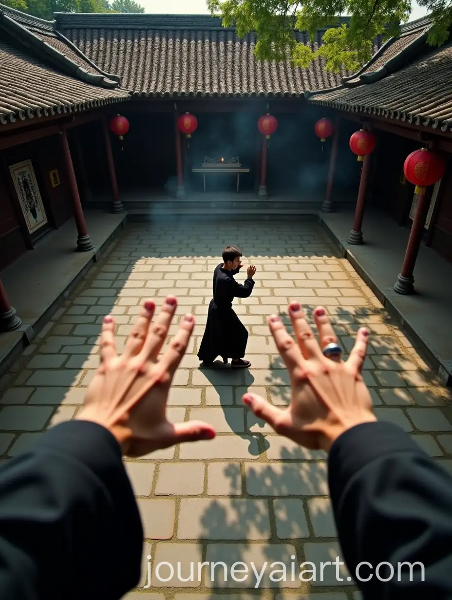 Martial-Artist-Practicing-in-Courtyard-with-Red-Lanterns-and-Incense