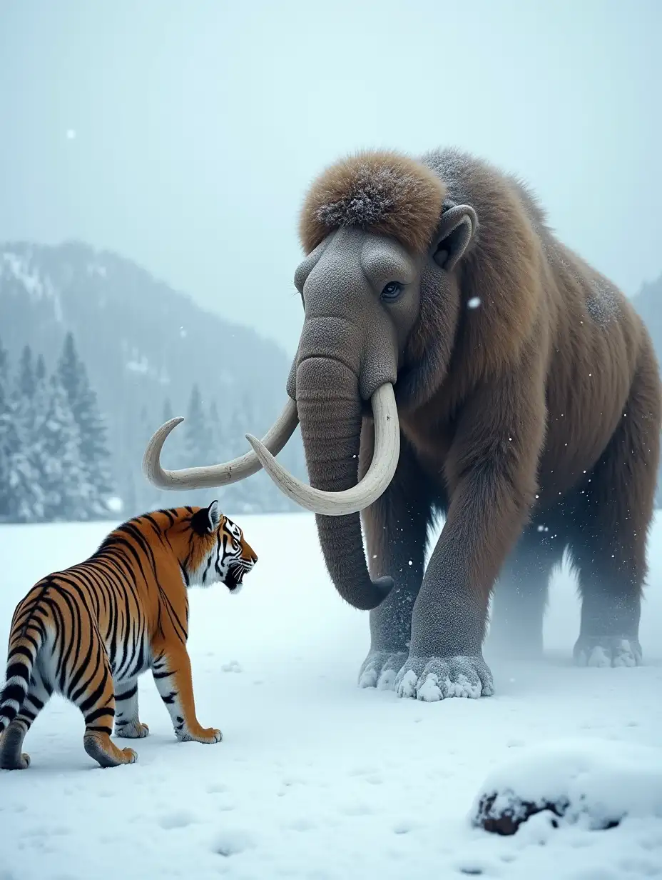 Create a dramatic scene of a fierce tiger and a towering woolly mammoth facing off in a snowy, mountainous landscape. The tiger, with its sharp eyes and sleek, muscular body, crouches low, ready to pounce, its fur contrasting against the white snow. Opposite it stands a massive woolly mammoth, with thick, shaggy fur and imposing, curved tusks, stomping the ground in a defensive stance. Snow swirls around them as they lock eyes, their breath visible in the cold air, capturing the intensity of a rare, powerful confrontation between these ancient beasts.