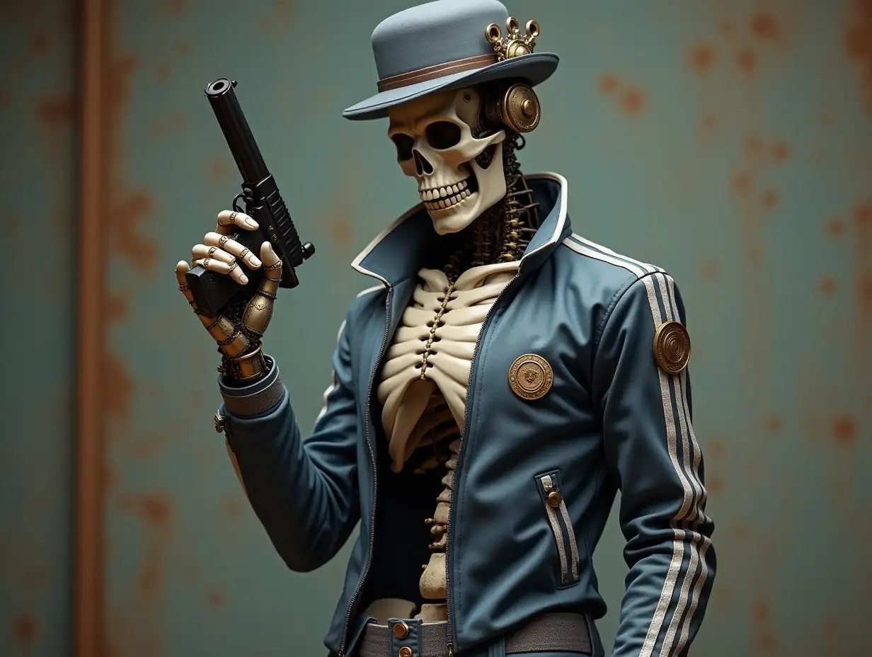 Create a high-resolution, realistic image of a robot, who stands with a skeletal body, porcelain hands and head, a fashionable tracksuit, a Steampunk top hat and a pistol in 4K resolution (Steampunk 8K quality)