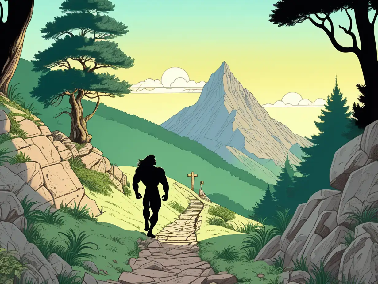 Ancient-Mountain-Path-with-Bodybuilder-Silhouette-in-Cartoon-Style