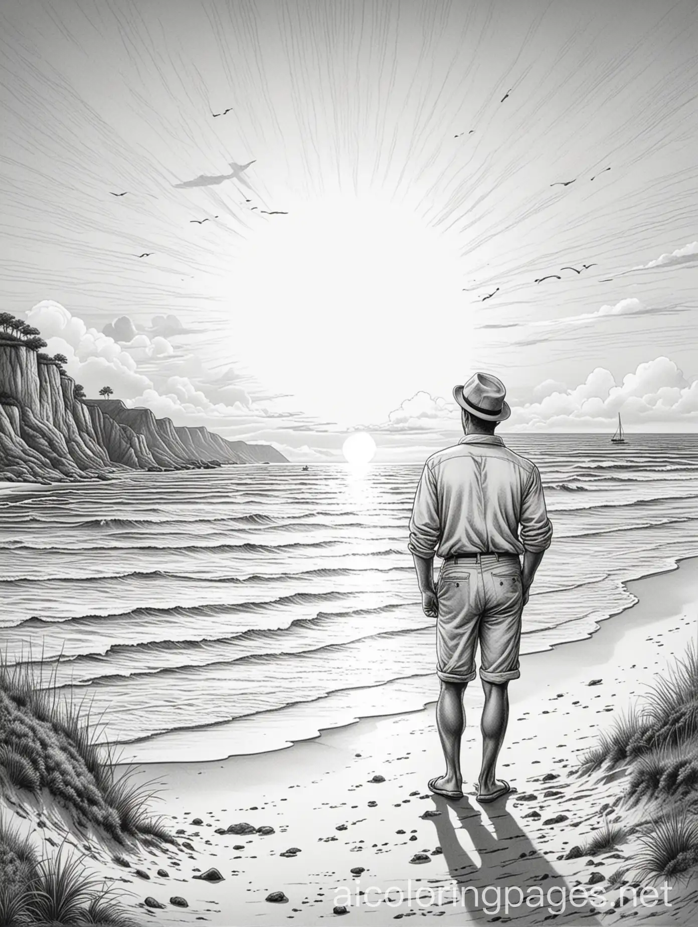 old style beach drawing with man standing looking into the sunset, Coloring Page, black and white, line art, white background, Simplicity, Ample White Space. The background of the coloring page is plain white to make it easy for young children to color within the lines. The outlines of all the subjects are easy to distinguish, making it simple for kids to color without too much difficulty