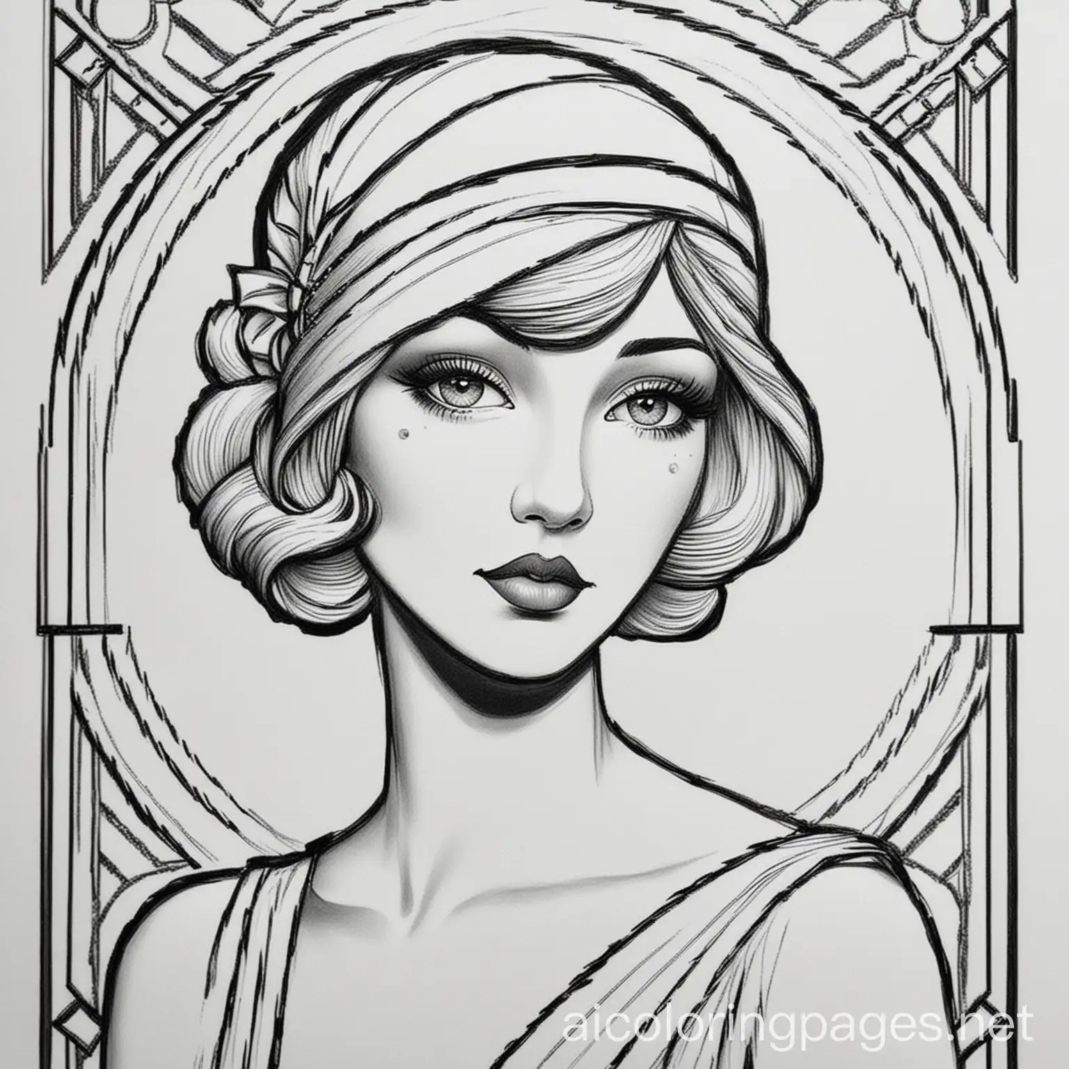 Art-Deco-Woman-Coloring-Page-Black-and-White-Line-Art-on-White-Background