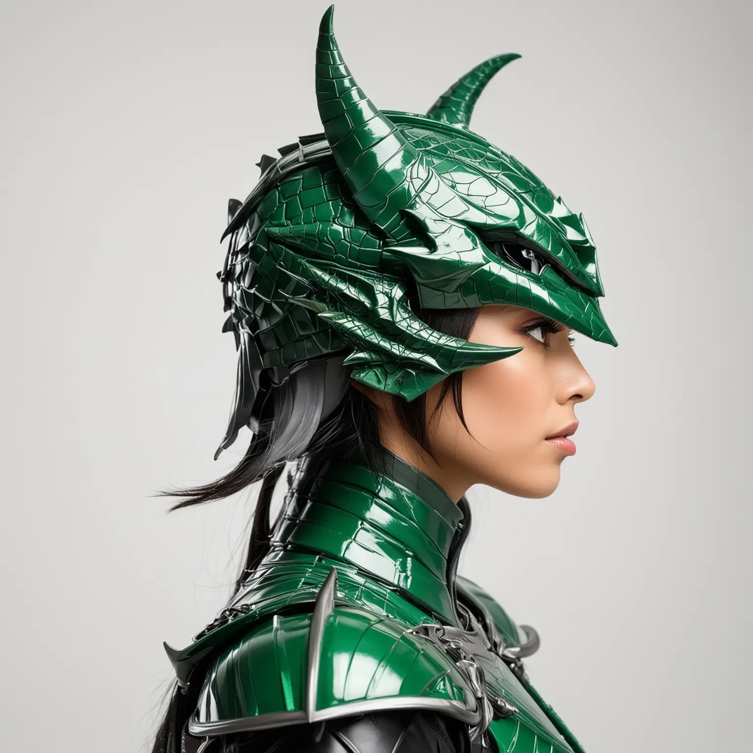 Portrait of Japanese Woman in EmeraldGreen Dragon SamuraiKnight Helmet