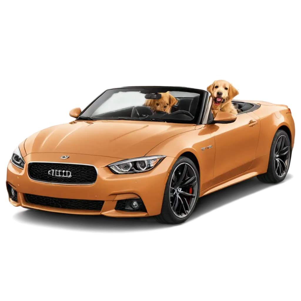 caramel colored dog driving a convertible sports car with golden running