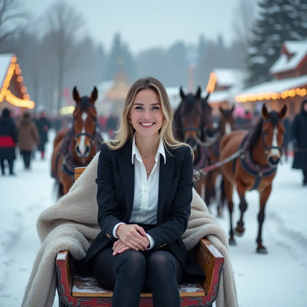 Image of an adult woman, wearing an elegant business suit (white blouse, dark blazer and pencil skirt), sledding in a troika of horses, at a Russian folk festival. The woman is sitting in the sleigh, wrapped in a warm shawl, with a smile on her face. Around - winter landscape: snowy fields, trees in frost, bright colors of the holiday - painted sleighs, horses with decorated harness, people in traditional Russian costumes, dancing and singing. In the background you can see wooden houses with smoke from chimneys and bright lights of holiday fires. The atmosphere combines the business elegance of the woman and the spirit of folk fun.