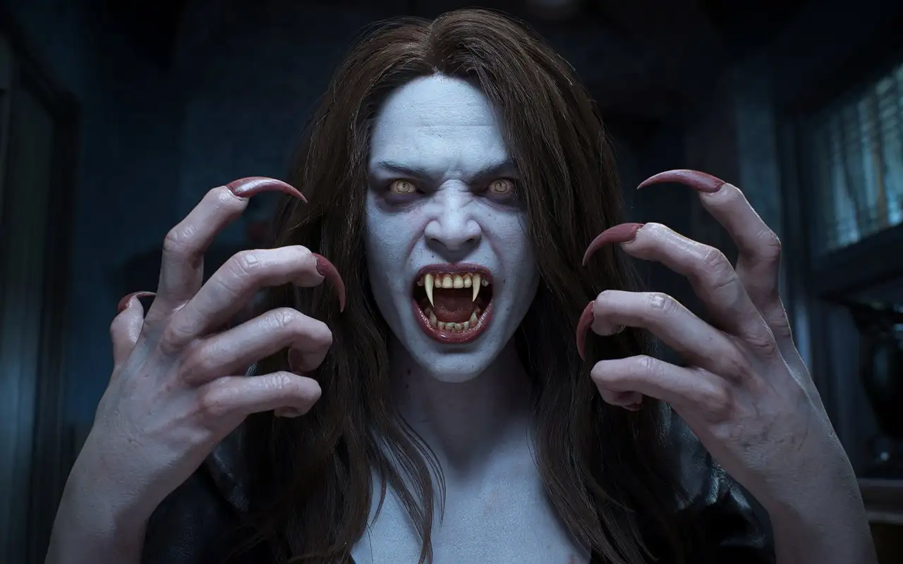 Subject: The main subject of the image is a wild and ugly vampire woman, depicted in a photorealistic style. She has extra long pointed fingernails resembling claws, and her mouth is open with fang-like teeth, giving her a threatening appearance. Setting: The scene is set inside a dark room, adding to the eerie atmosphere. The darkness enhances the horror element and creates a cinematic feel. Style/Coloring: The image is hyper-realistic with high detail and photo detailing, contributing to the photorealistic quality. The coloring is dark and haunting, with atmospheric lighting intensifying the creepy vibe. Action/Items: The vampire woman appears to have just emerged from the darkness, adding a sense of suspense and fear. Her posture and expression convey aggression and terror. Costume/Appearance: The vampire's appearance is grotesque and terrifying, with detailed nails and realistic anatomy, including five fingers on each hand. Her undead look suggests that she has climbed out of a grave. Accessories: The vampire's only accessories are her long, pointed fingernails, which resemble the claws of a predator, enhancing her menacing appearance. Full-length perspective, first person vision.