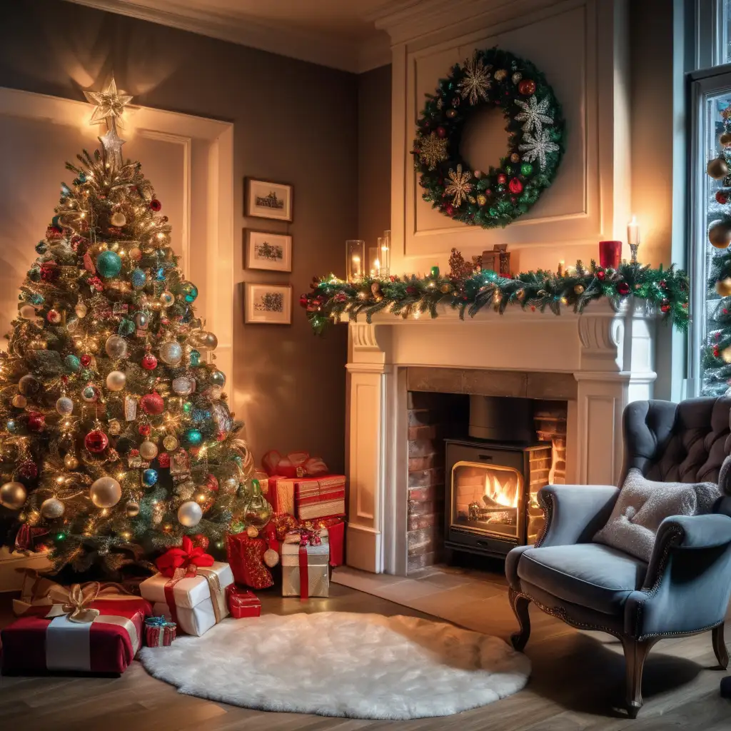 Cozy Christmas Scene with Armchair and Decorated Tree