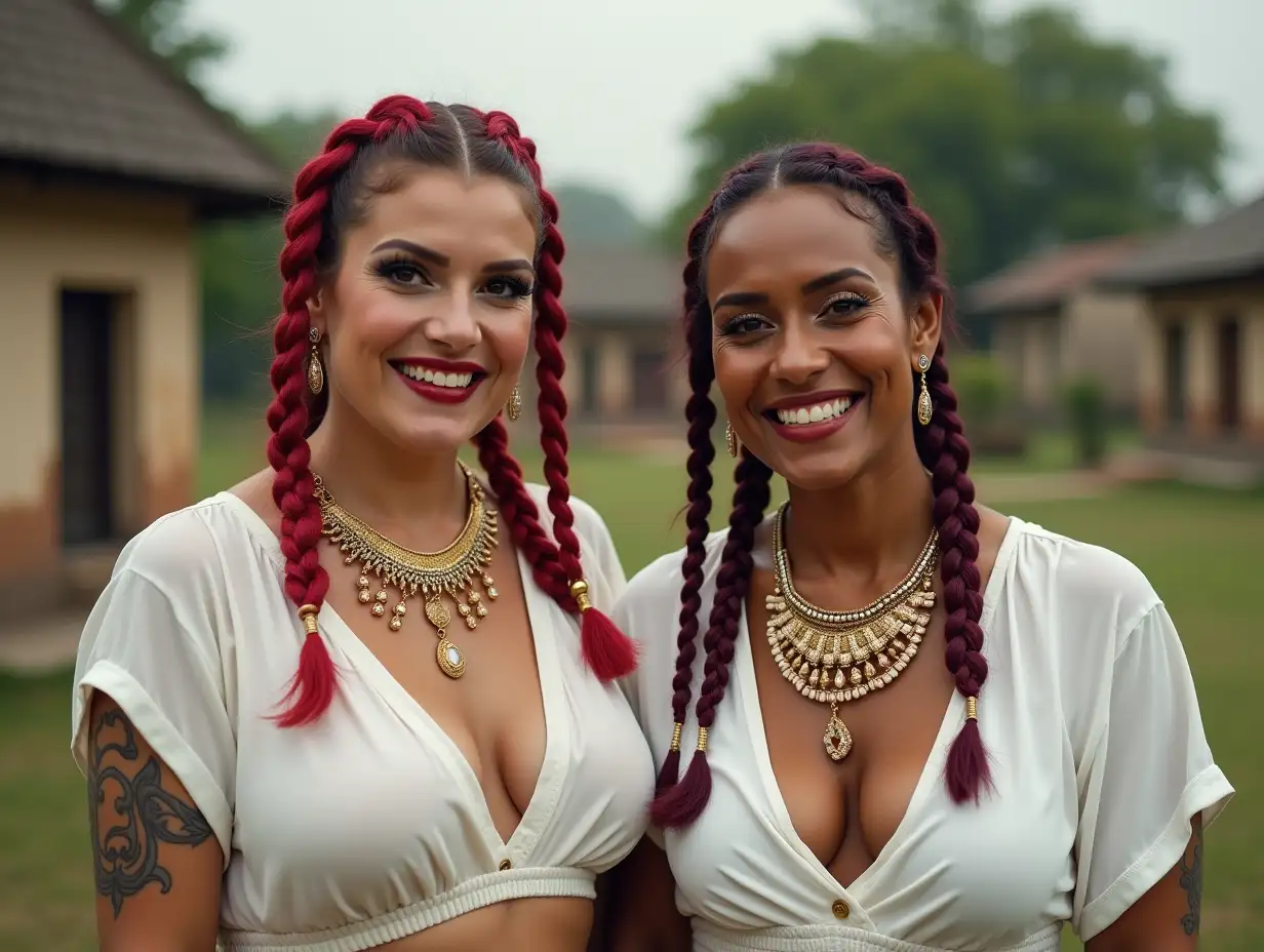 Two white, plump Pin-up girls 70 years old with red braids wear a low-cut white blouse, Ruby Gold necklace with a light smile on their face, tattoos, jewelry on the head, lipstick emphasizes their smile, modern jewelry, black skin, in a park with many houses in India Cyberpunk    8k quality