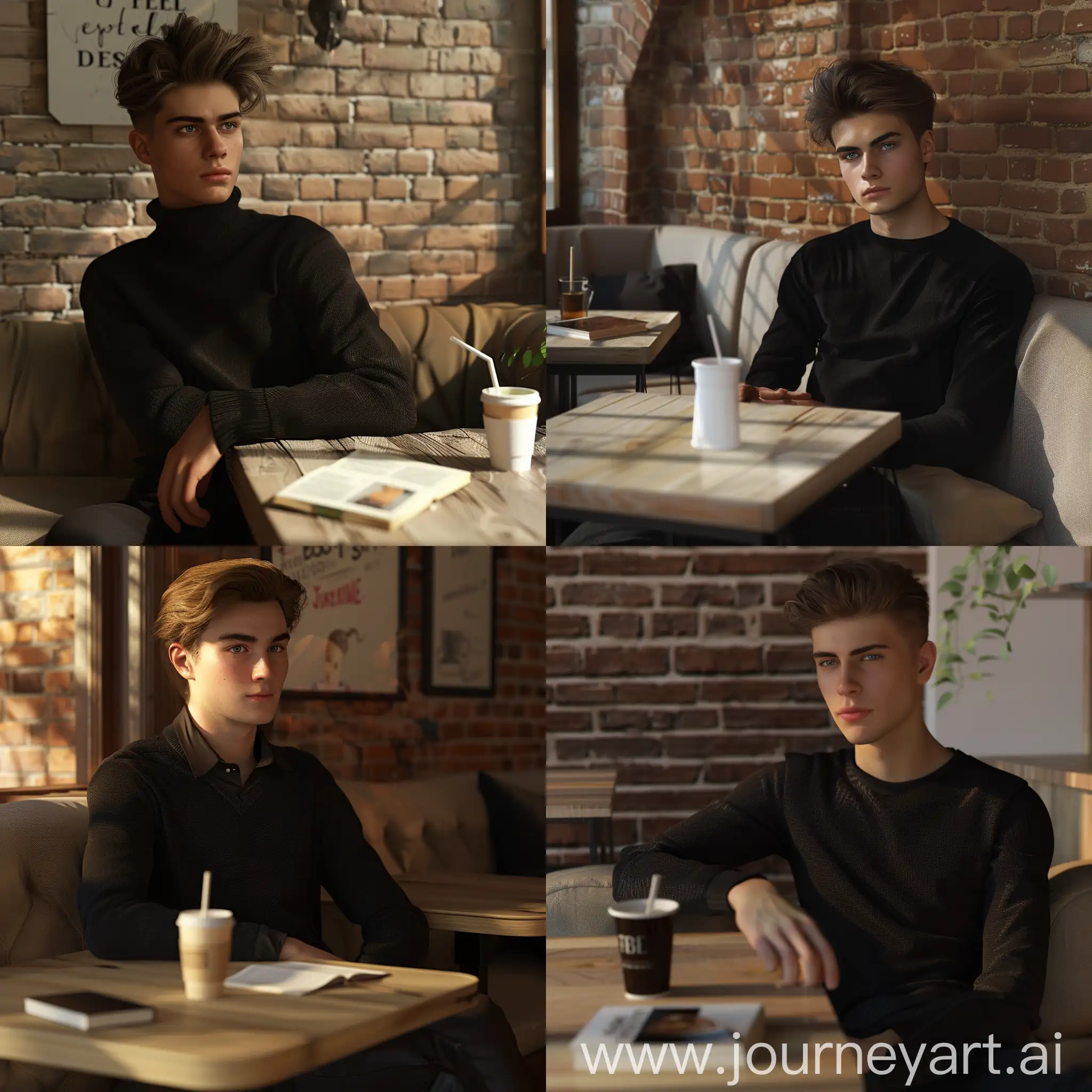 Confident-Young-Man-in-Coffee-Shop-with-Book-and-Paper-Cup