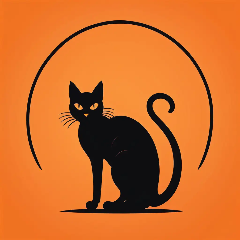 Black Cat Halloween Style with Arched Back on Orange Background